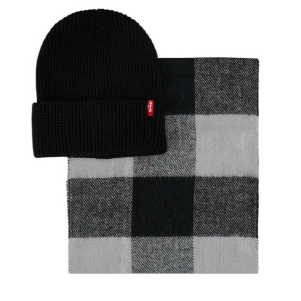NWT Levi's Men's Black Waffle Beanie & Woven Buffalo Black Gray‎ Plaid Scarf Set